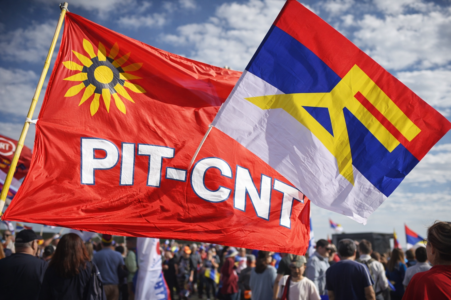 Manifestación del Frente Amplio y PIT-CNT con Cuba en las calles de Montevideo con banderas y consignas ideológicas.